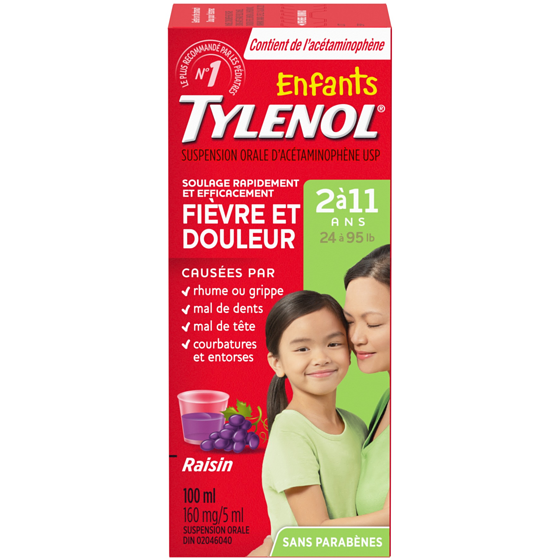 Tylenol Suspension orale pour enfants, Fièvre et douleur, 160 mg/5 ml, Raisin 100 ml, 8,99 $/100ml