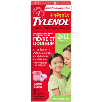 Tylenol Suspension orale pour enfants, Fièvre et douleur, 160 mg/5 ml, Gomme à bulles 100 ml, 8,99 $/100ml