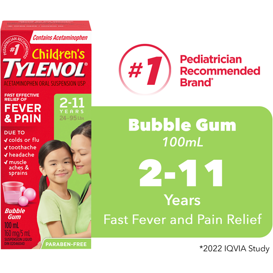 Tylenol Children's Fever & Pain Liquid Oral Suspension 160 mg/5 ml, Bubble Gum 100 ml, $9.34/100ml