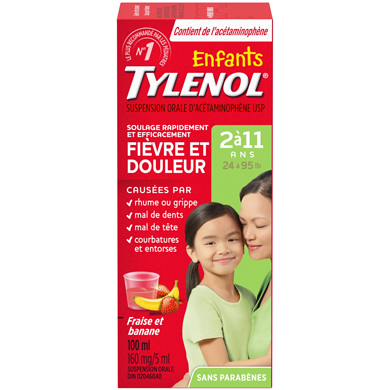 Tylenol Sirop pour enfants, Fièvre et douleur, Fraise et banane 100 ml, 9,49 $/100ml