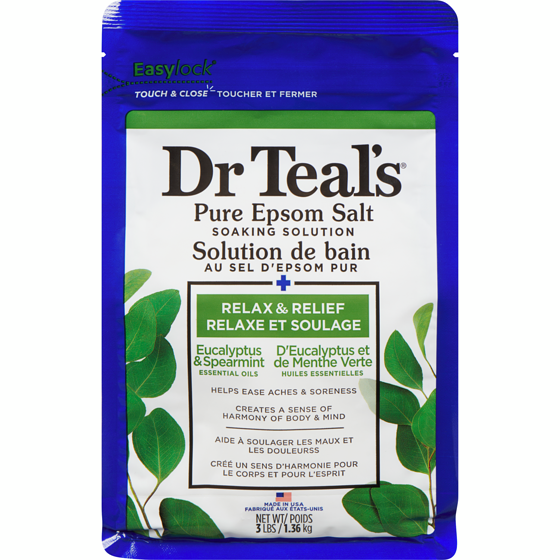 Dr. Teal’s Solution de bain au sel d'epsom pur, Relaxe et Soulage d'Eucalyptus et de Menthe Verte Huiles Essentielles 1.36 kg, 0,82 $/100g