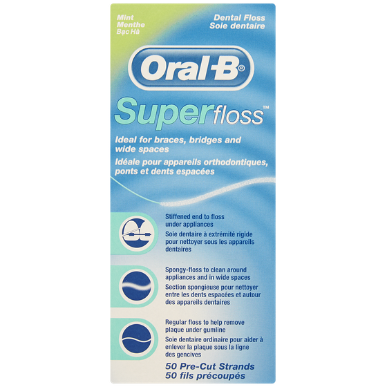 Oral-B Soie dentaire Super Floss, longueurs découpées, pour ponts, appareil orthodontique, 50 u 50 ea, 0,11 $/1ch