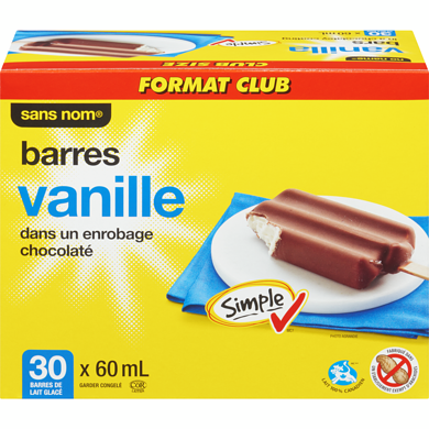 Sans Nom Barres de lait glacé à la vanille dans un enrobage chocolaté, format club 30x60.0 ml, 0,56 $/100ml