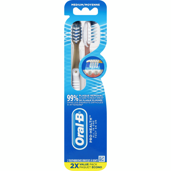 Oral-B Brosses à dents Pro-Santé Tout-en-un, moyenne, 2 unités 2 ea, 6,00 $/1ch