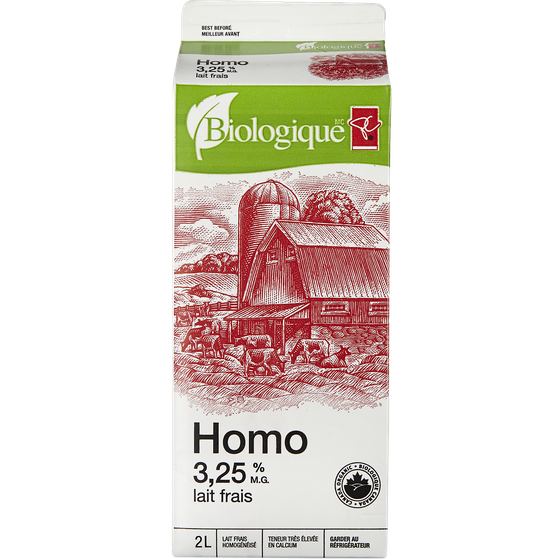 PC Biologique Lait Homogénéisé 2 l, 0,41 $/100ml