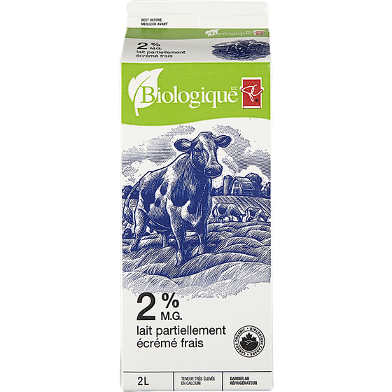 PC Biologique Lait Partiellement Écrémé 2 % 2 l, 0,41 $/100ml
