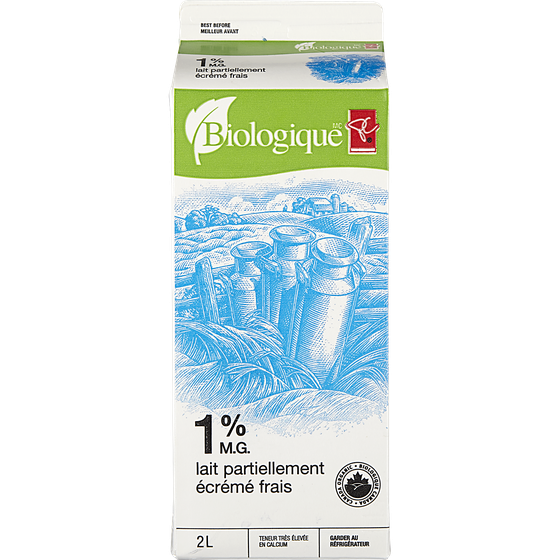 PC Biologique Lait Partiellement Écrémé 1 % 2 l, 0,40 $/100ml