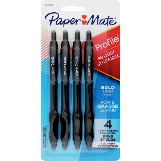 Papermate Profile Ballpoint Pens, Retractable, 1.4 mm, Black, 4/Pack 4x1.0 ea, $1.63/1ea