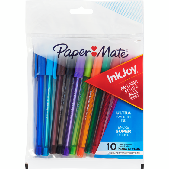 PaperMate Stylos à bille Paper Mate Inkjoy, medium-1,0 mm, couleurs assorties, paq. 10 10x1.0 ea, 0,25 $/1ch