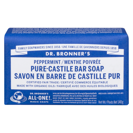 Dr Bronners Savon de Castille pur en pain menthe poivrée 140 g, 4,64 $/100g