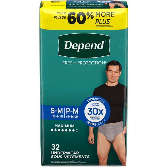 Depend Sous-vêtement d’incontinence Fresh Protection pour hommes, degré d’absorption maximal, P/M, gris, 32 unités 58 ea, 1,03 $/1ch