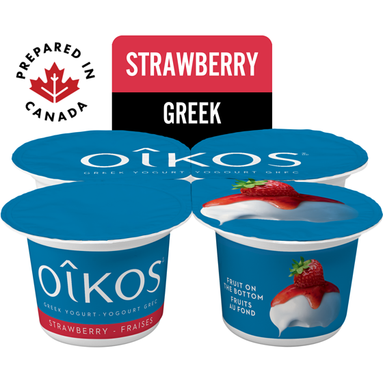 Oikos Greek Yogurt, Strawberry, Fruit on the Bottom, 2% M.F. 4x100.0 g, $1.25/100g