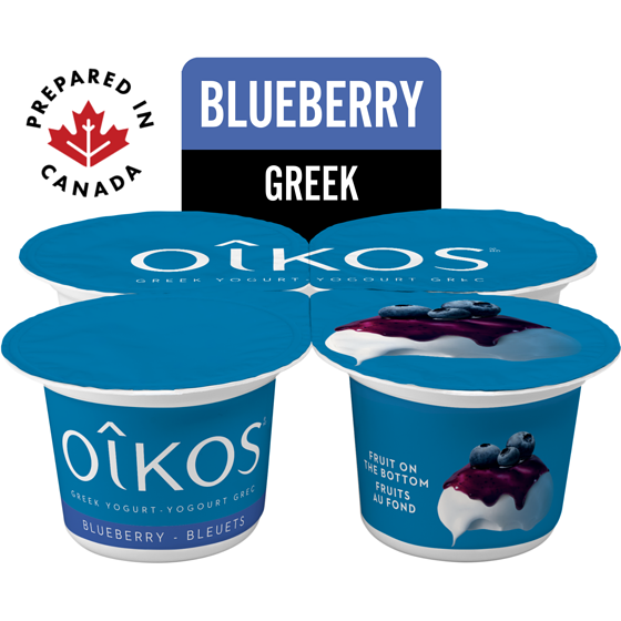 Oikos Greek Yogurt, Blueberry, Fruit on the Bottom, 2% M.F. 4x100.0 g, $1.37/100g