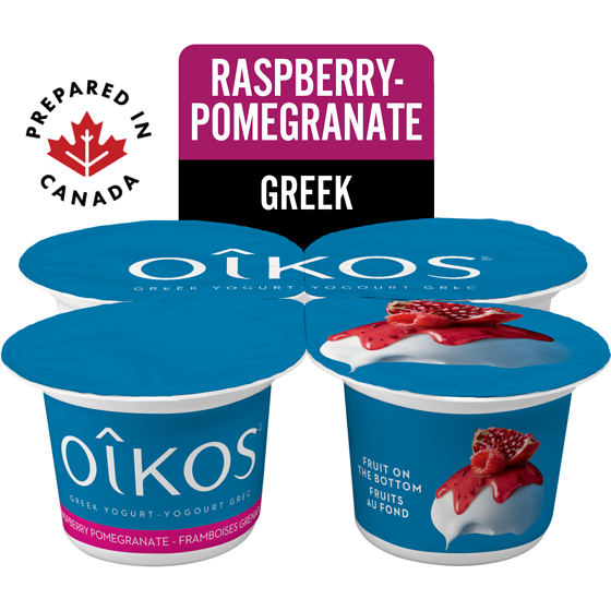 Oikos Greek Yogurt, Rasberry-Pomegranate, Fruit on the Botton, 2% M.F. 4x100.0 g, $1.25/100g