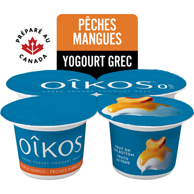 Oikos Yogourt grec sans gras, pêche-mangue, 0% M.G., fruits au fond 4x100.0 g, 1,25 $/100g