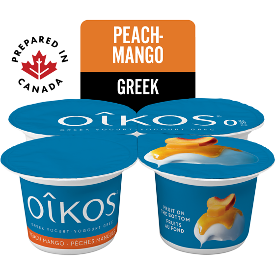 Oikos Greek Yogurt, Peach-Mango, Fruit on the Bottom, 0% M.F. 4x100.0 g, $1.25/100g