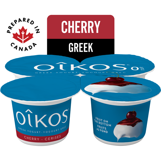 Oikos Greek Yogurt, Cherry, Fruit on the Bottom, 0% M.F. 4x100.0 g, $1.25/100g