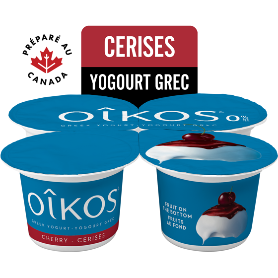 Oikos Yogourt grec sans gras, cerises, 0% M.G., fruits au fond 4x100.0 g, 1,07 $/100g