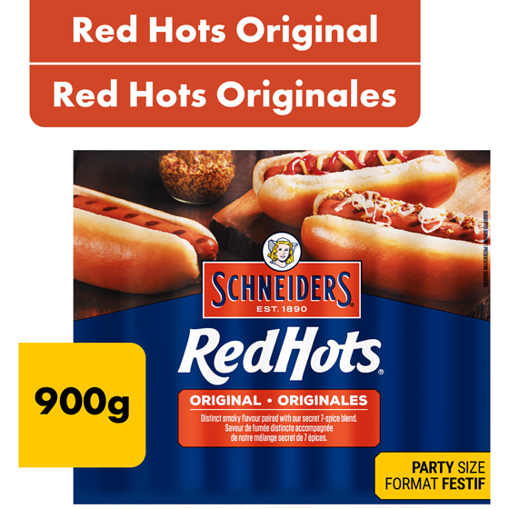 Schneiders Red Hots Original Hot Dogs Party Size 900 g, $1.56/100g