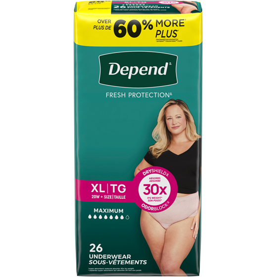 Depend Sous-vêtement d’incontinence Fresh Protection pour femmes, degré d’absorption maximal, TG, couleur rosée, 26 unités 26 ea, 1,27 $/1ch