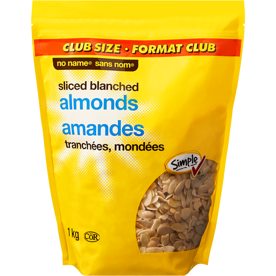 Sans Nom Amandes tranchées et mondées, format club 1 kg, 2,70 $/100g