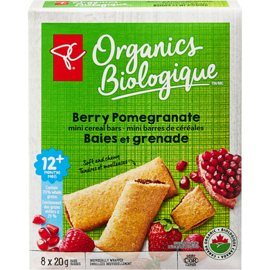 PC Biologique Mini barres de céréales baies et grenade 160 g, 2,19 $/100g