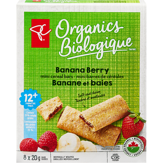PC Biologique Mini barres de céréales banane et baies 160 g, 0,02 $/1ch