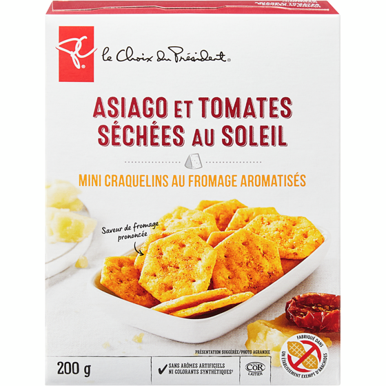 le Choix du Président Mini craquelins au fromage aromatisés, asiago et tomates séchées au soleil 200 g, 2,15 $/100g