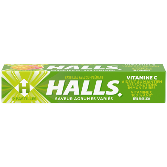 Halls Vitamine C Saveur Agrumes assortis, 9 pastilles 9 ea, 0,19 $/1ch