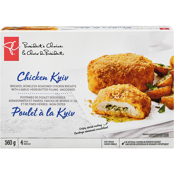 President's Choice Chicken Kyiv Breaded Boneless Garlic-Herb Butter Filled Chicken Breasts 560 g, $3.21/100g