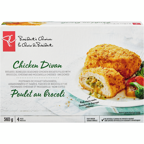 President's Choice Chicken Divan Breaded Boneless Broccoli and Cheese Filled Chicken Breasts 560 g, $3.57/100g