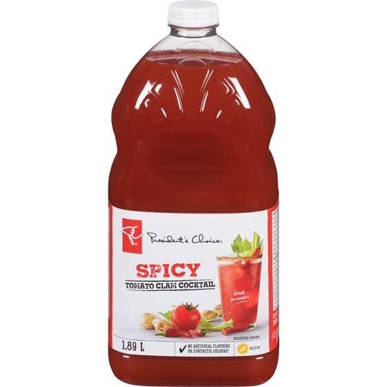 President's Choice Spicy Tomato Clam Cocktail 1.89 l, $0.21/100ml