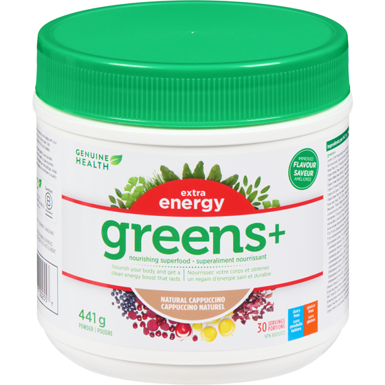 Genuine Health Greens+ Extra Energy Superfood Powder, Natural Cappuccino, Non GMO 445 g, $17.08/100g