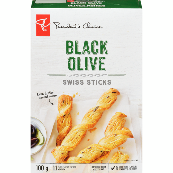 President's Choice Black Olive Swiss Sticks 100 g, $3.29/100g