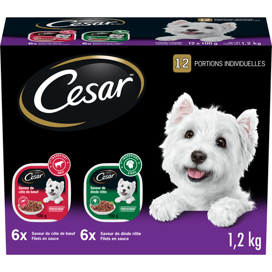 Cesar Nourriture humide pour chiens adultes filets en sauce en format variété saveur de dinde rôtie et de côte de bœuf 12x100.0 g, 1,42 $/100g