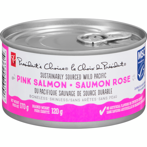 President's Choice Boneless & Skinless Sustainably Sourced Wild Pacific Pink Salmon 170 g, $2.52/100g