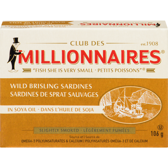 Millionnaires Sardines, Lightly Smoked In Soy Oil 106 g, $3.29/100g