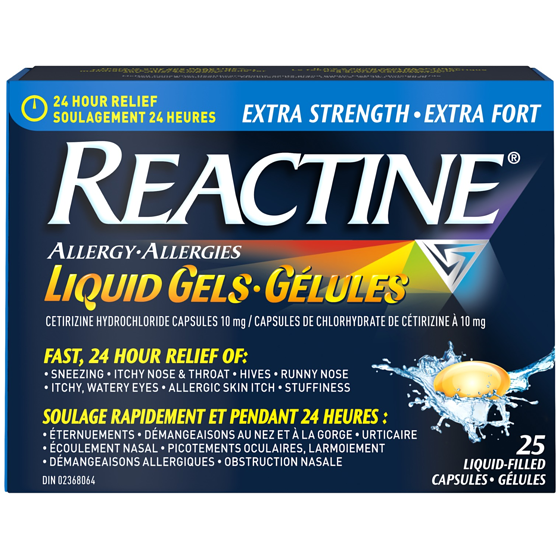 Réactine Extra fort Allergies, gélules à 10 mg de chlorhydrate de cétirizine 25 ea, 1,16 $/1ch