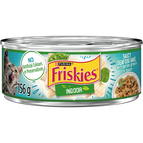 Purina Friskies Indoor in Sauce Saucy Seafood Bake with Garden Greens, Wet Cat Food 156 g, $0.58/100g