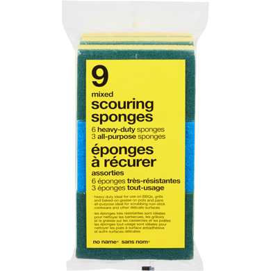 Sans Nom Éponges à récurer assorties, très résistantes et tout-usage 9 ea, 0,67 $/1ch