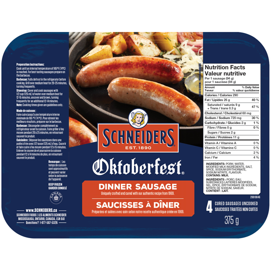 Schneiders Saucisses à dîner Oktoberfest 375 g, 2,67 $/100g