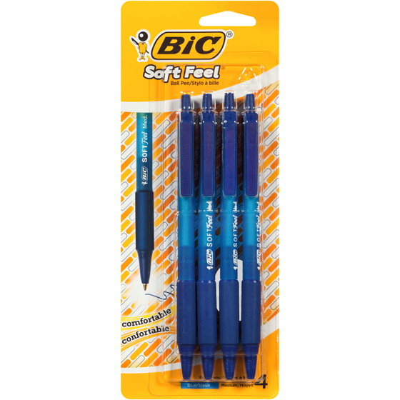 BIC BIC –Stylos à bille SoftFeel à pointe rétractable moyenne, 1,0 mm, bleu, paq. 4 4 ea, 0,88 $/1ch