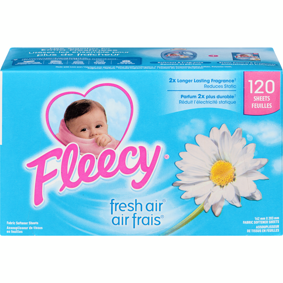 Fleecy Feuilles assouplissantes pour sécheuse, assouplissant à linge, parfum air frais 120 ea, 0,08 $/1ch