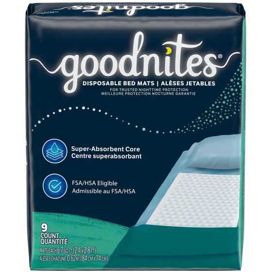 GoodNites Alèses jetables GoodNites contre l’énurésie nocturne, couvre-matelas imperméable et antidérapant, 76,2 cm x 91,4 cm (30 po x 36 po), 9 unités 9 ea, 1,67 $/1ch