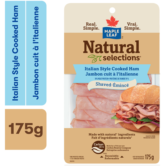Maple Leaf Jambon style italien émincé Natural Selections 175 g, 40,00 $/1kg 4,00 $/100g