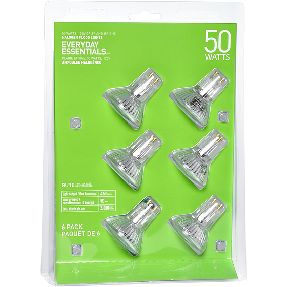 Everyday Essentials GU10 Halogen Flood 50W Light Bulbs 6 ea, $2.25/1ea
