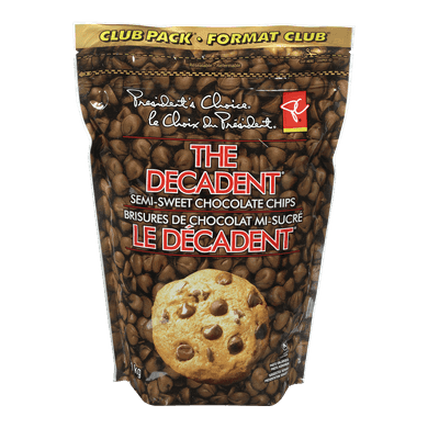 le Choix du Président Brisures de chocolat mi-sucré Le Décadent, Format Club 1 kg, 1,75 $/100g
