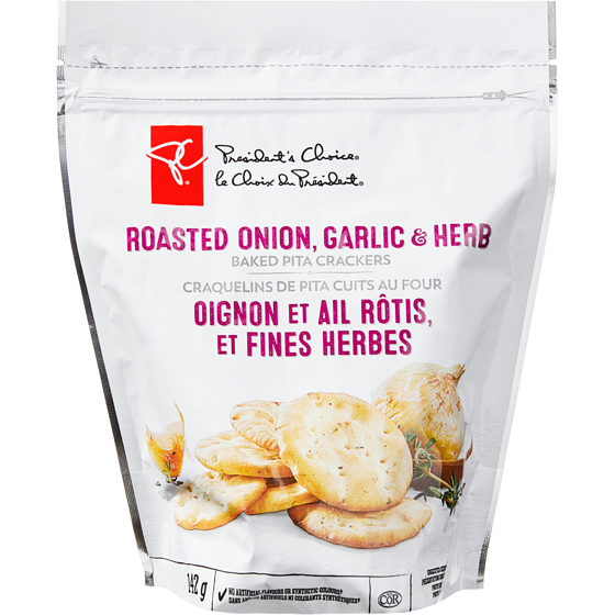 le Choix du Président Craquelins de pita cuits au four, oignon et ail rôtis, et fines herbes 142 g, 2,46 $/100g