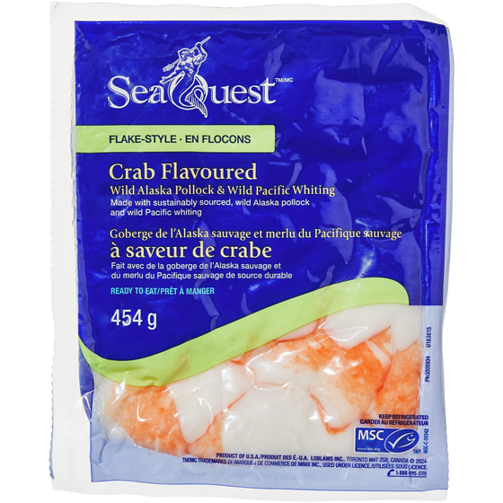 SeaQuest Goberge de l’Alaska sauvage et merlu du Pacifique sauvage à saveur de crabe en flocons 454 g, 1,43 $/100g
