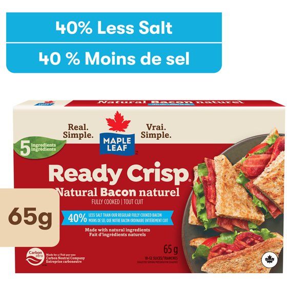 Maple Leaf Ready Crisp Fully Cooked Less Salt Natural Bacon Slices 65 g, $13.85/100g